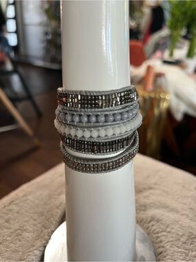 Nakamol Silver, Gray and White Multi-Strand Beaded Wrap Bracelet
